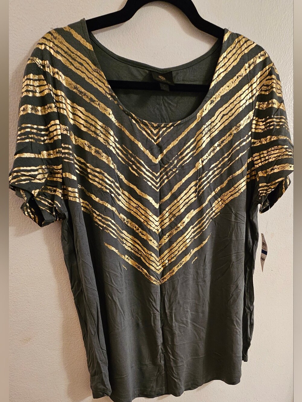 JM Collection Olive Green Short Sleeve Tee with Gold Foil Chevron Stripes